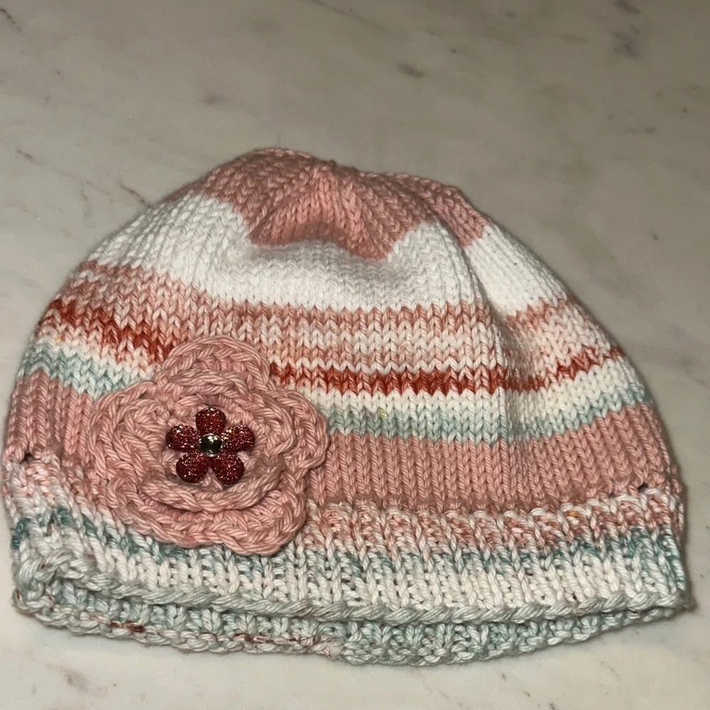 Charming Pink and White Kids Beanie with Flower Accent